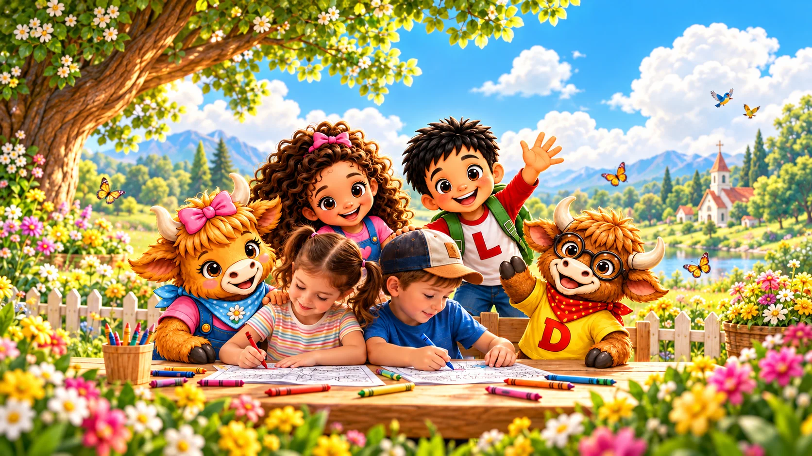 Daisy, Danny, Juliana, Lucas, and two children learning together in a colorful storybook garden