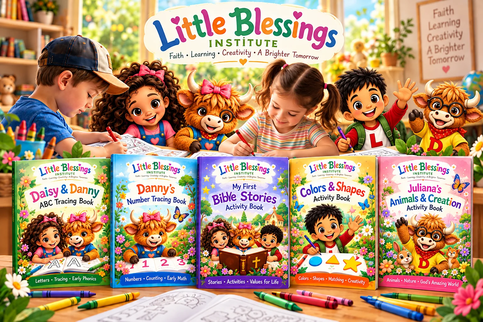Colorful Little Blessings workbook showcase with Daisy, Danny, Juliana, Lucas, and children learning together